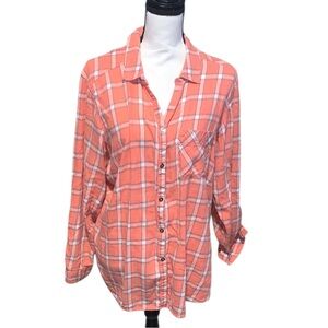 Columbia Orange sickle Plaid Button-Up Shirt Long Sleeve Pocket Cotton